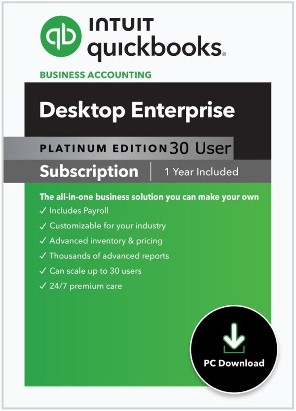 30 User QuickBooks Enterprise Platinum 2024 – Payroll – Advanced Inventory – 1 Year